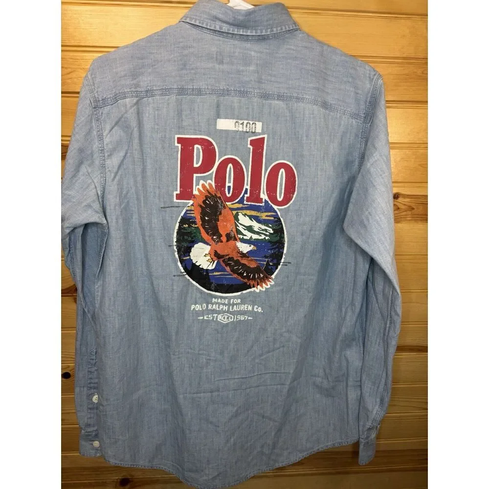 Polo Ralph Lauren Chambray Graphic Work Shirt Small Classic Fit Indigo Button Up